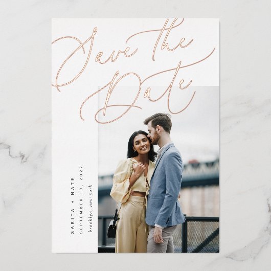 Etheral Script | Elegant foto slaat de datum op Folie Uitnodiging (Voorkant)