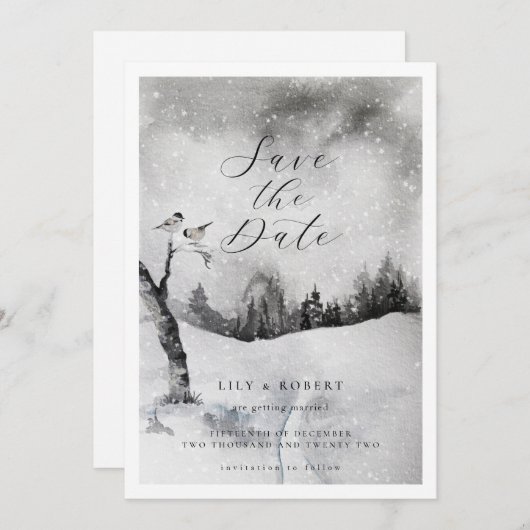 Etheral Snowy Forest Winter Wedding Save The Date (Voorkant / Achterkant)