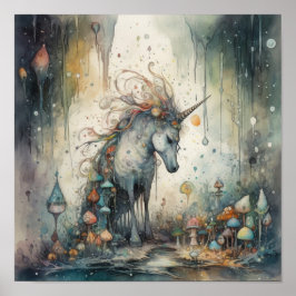 Etheral Unicorn met mystieke paddenstoelen Poster