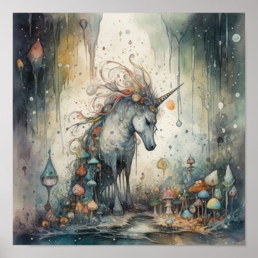 Etheral Unicorn met mystieke paddenstoelen Poster (Voorkant)