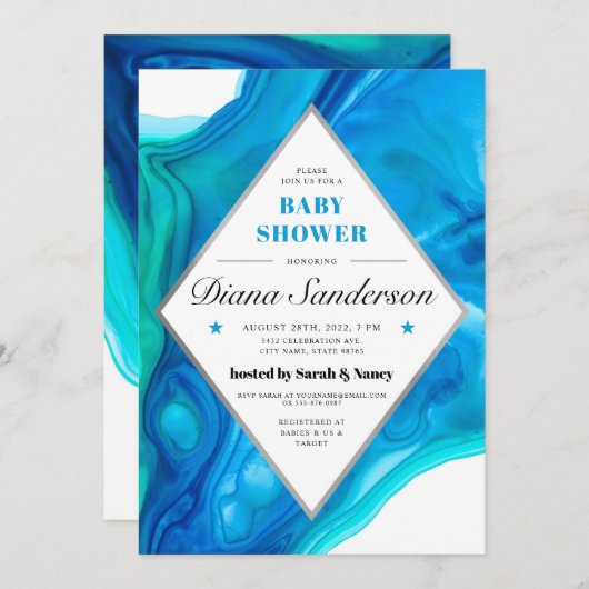 Etheral Wave Baby Shower Invitations Boy Blue Kaart (Voorkant / Achterkant)