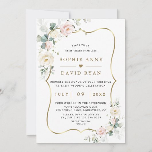 Etherale Waterverf Rozen verlaten gouden bruiloft Kaart (Voorkant)