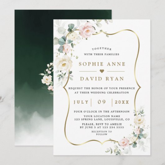 Etherale Waterverf Rozen verlaten gouden bruiloft Kaart (Voorkant / Achterkant)