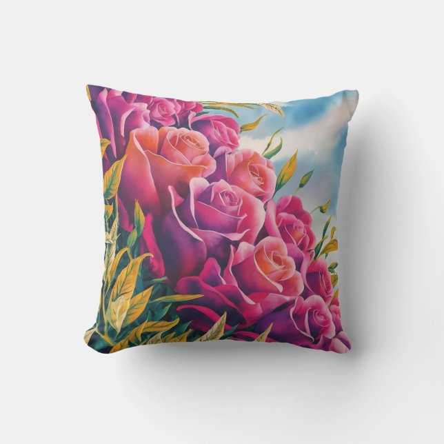 Ethereal Bloom: Abstracte Waterverf Rozen Symfonie Buitenkussen (Voorkant)