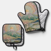 Ethereal Bloom: Pastel Mosaic Volcano in Spring Ovenwant & Pannenlap Set (Voorkant / Achterkant)