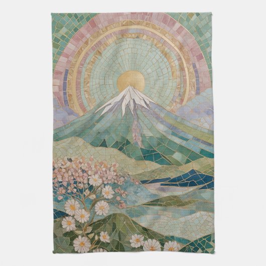 Ethereal Bloom: Pastel Mosaic Volcano in Spring Theedoek (Verticaal)