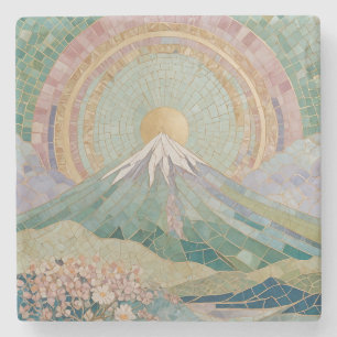 Ethereal Bloom: Pastel Mozaïek Vulkaan in Lente Stenen Onderzetter