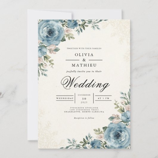 Ethereal Blue Botanical Romance Wedding Kaart (Voorkant)