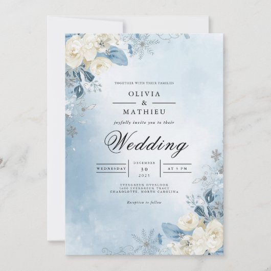 Ethereal Blue Floral Frost Wedding Kaart (Voorkant)