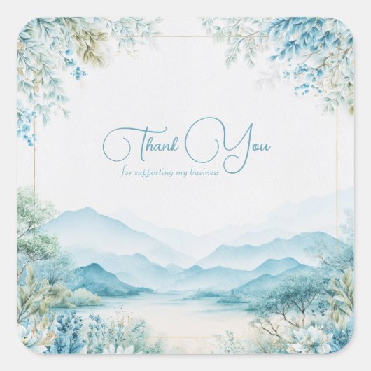 Ethereal Blue Mountain Watercolor Gold Frame Vierkante Sticker (Voorkant)