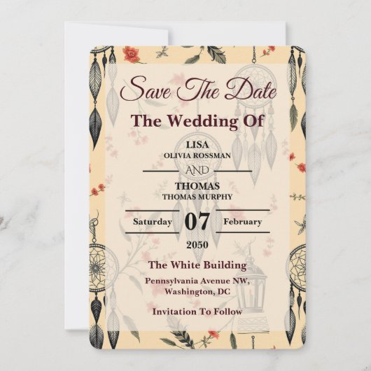 Ethereal Boho Feather Wildflower Wedding Motif Save The Date (Voorkant)