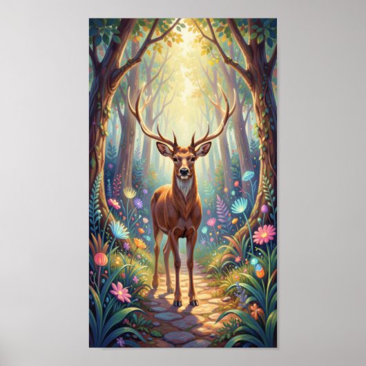 Ethereal Deer in Luminous Forest Path Poster (Voorkant)