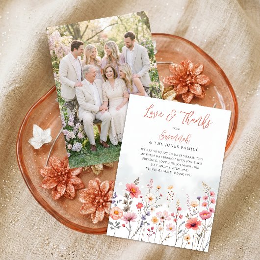 Ethereal Dreamy Wildflowers Coral Script Photo Bedankkaart