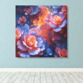 Ethereal Floral Energy – Blue & Fiery Rose Art Canvas Afdruk (Insitu (Houten vloer))