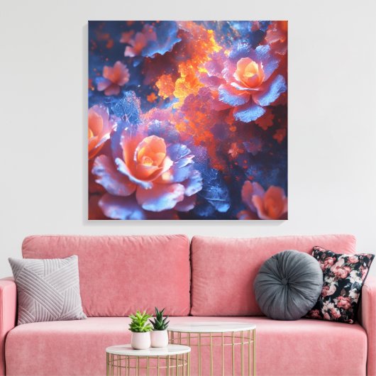 Ethereal Floral Energy – Blue & Fiery Rose Art Canvas Afdruk (Insitu (Woonkamer))