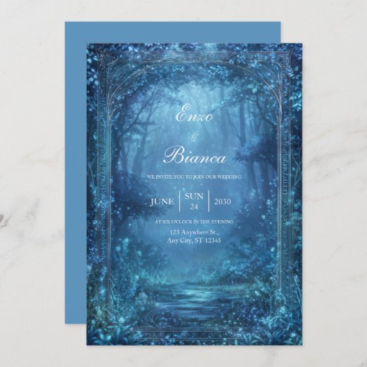 Ethereal Glowing Blue Magic Forest Wedding Kaart (Voorkant / Achterkant)