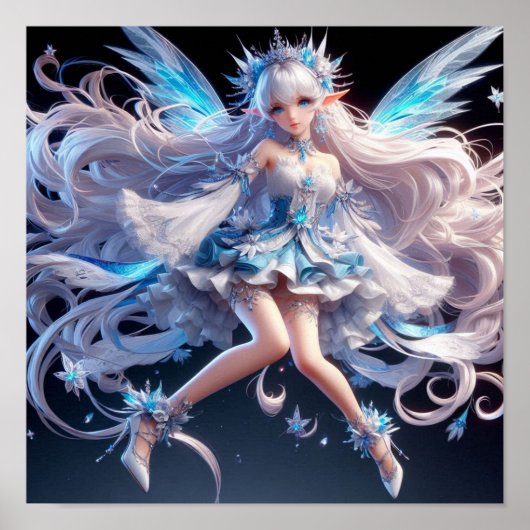 Ethereal Ice Queen Fairy with Flowing White Hair Poster (Voorkant)