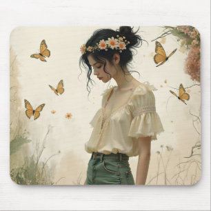 Ethereal Meisje met Vlinders in de Natuur Muismat