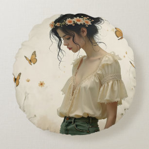 Ethereal Meisje met Vlinders in de Natuur Rond Kussen