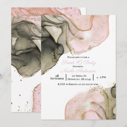 Ethereal Moody Pink Black Gold Inky Sweet 16 Kaart (Voorkant / Achterkant)