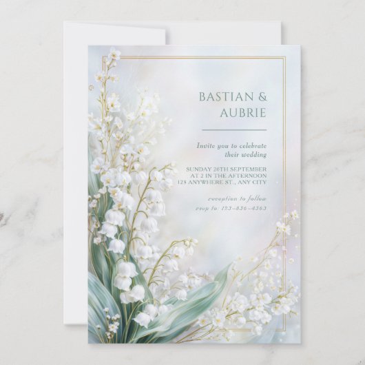 Ethereal Pastel Lily Valley Gold Frame Wedding Kaart (Voorkant)