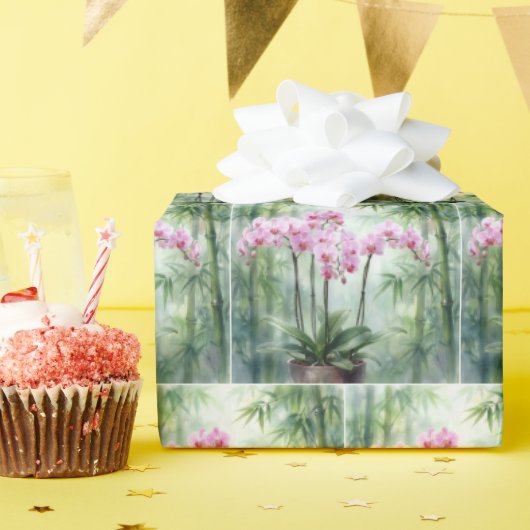 Ethereal Pink Orchids and Bamboo Cadeaupapier (Verjaardagsfeest)