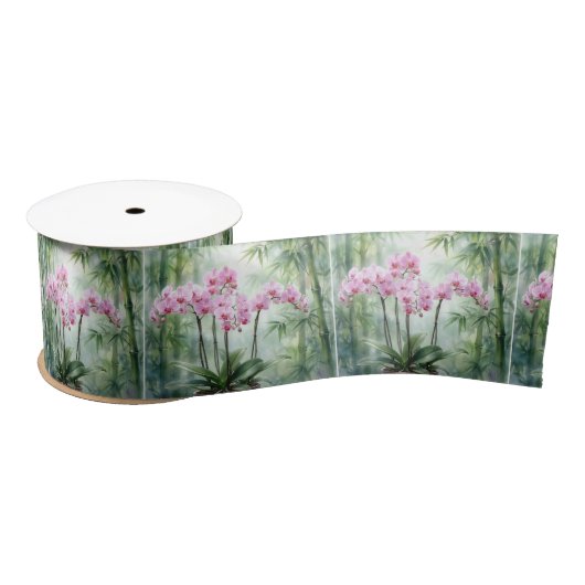 Ethereal Pink Orchids and Bamboo Satijnen Lint (Spoel)