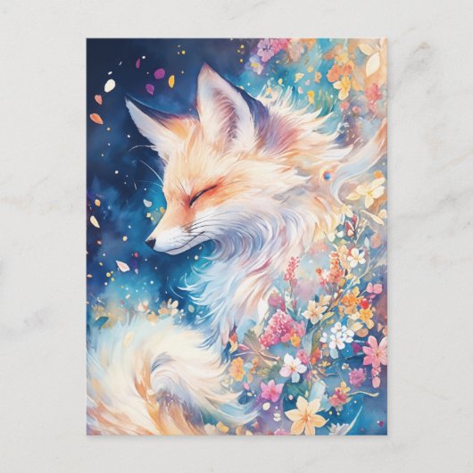 Ethereal Red Fox in Blue Floral Night Briefkaart (Voorkant)