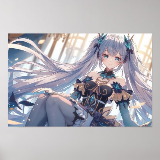 Ethereal Silver-Haired Anime Princess Fantasy Illu Poster (Voorkant)