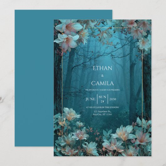 Ethereal Twilight Teal Floral Gold Frame Forest Kaart (Voorkant / Achterkant)