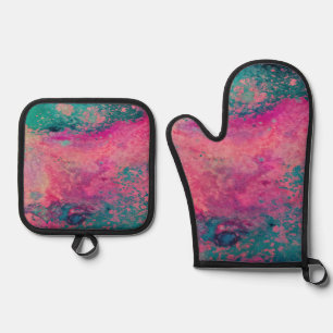 “Ethereal Vellum” – Roze Teal Blauwe Abstracte Ovenwant & Pannenlap Set