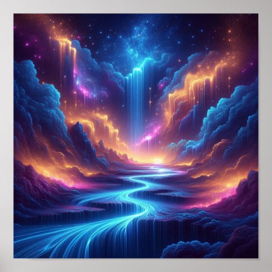 Ethereal Waterfalls Blending with a Starry Horizon Poster (Voorkant)