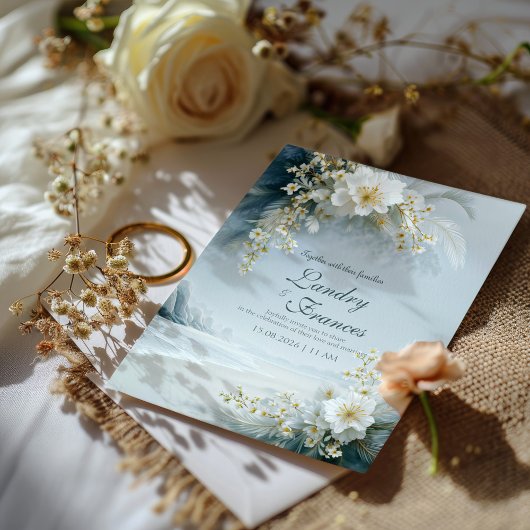 Ethereal White Floral Coastal Winter Beach Wedding Kaart