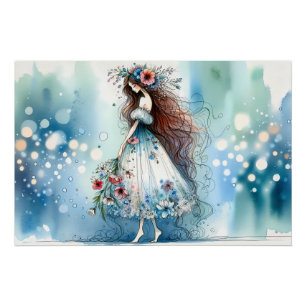 Ethereale Bloemenfee in Waterverf Droomlandschap Perfect Poster