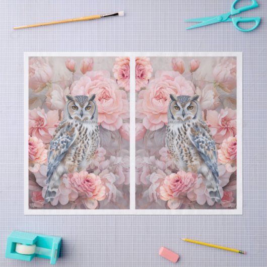 Ethereale Roze Bloemen & Uil Decoupage Tissuepapier (Craft)