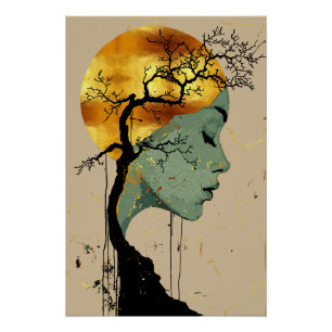 Ethereale vrouw in boom silhouet maan perfect poster
