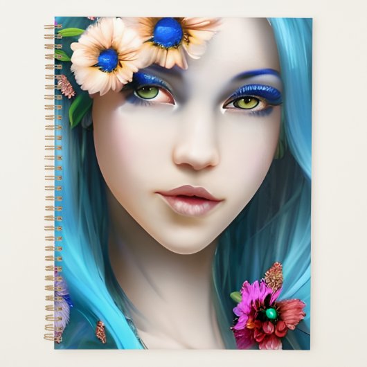 Ethereale vrouw met bloemen in haar blauwe haar planner (Voorkant)