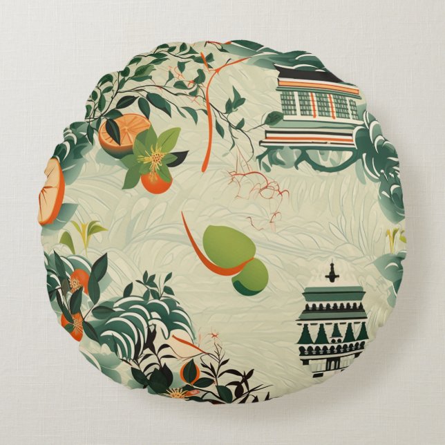 Ethereales Orangenmuster mit Zen-Tempeln Rond Kussen (Voorkant)