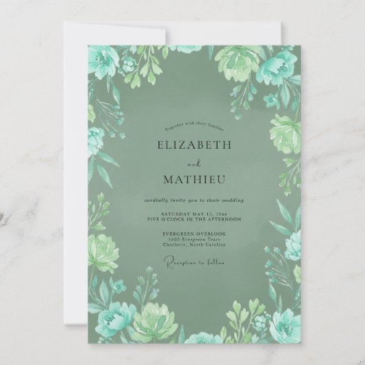 Ethereel Mint Aqua Bladerig Bruiloft Kaart (Voorkant)