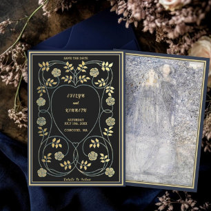 Ethereel Navy & Goud Art Nouveau Trouwdag Save The Date