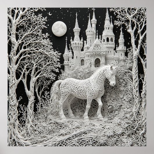 Ethereel Paard en Betoverd Kasteel Poster (Voorkant)
