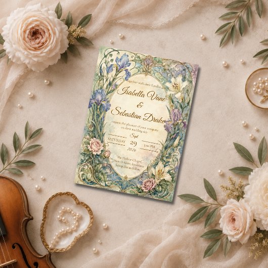 Etherele Art Nouveau Iris Bruiloft Kaart