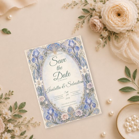 Etherele Art Nouveau Iris Romantische Bruiloft Save The Date