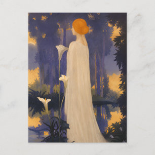 Etherele Art Nouveau-vrouw bij maanverlichte Calla Briefkaart