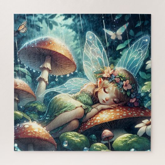 Etherele fee die slaapt op een paddestoel legpuzzel (Verticaal)