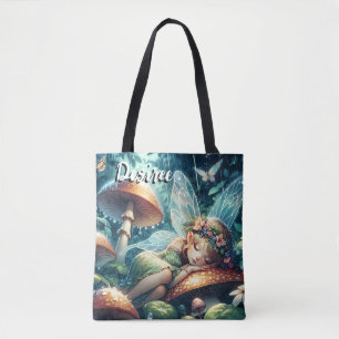 Etherele fee die slaapt op een paddestoel tote bag