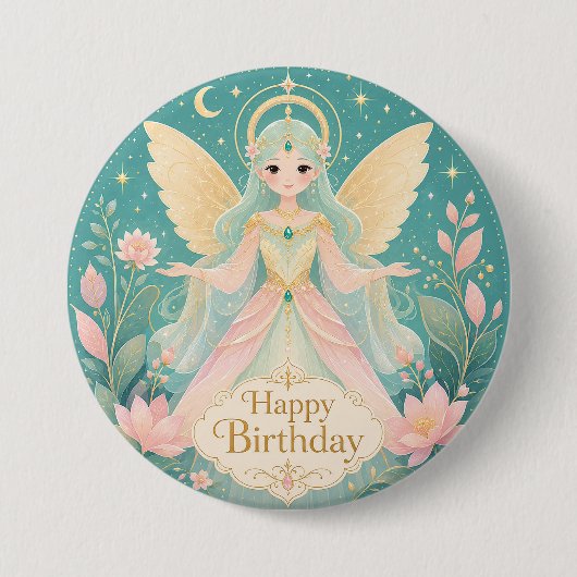Etherele Goudgevleugelde Feeëngel Ronde Button 7,6 Cm (Voorkant)
