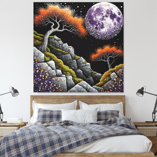 Etherele nachttaferelen met maan, bomen canvas afdruk (Insitu (Slaapkamer))