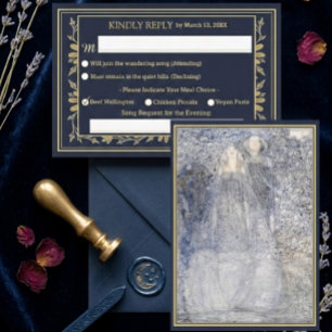 Etherele Navy Vintage Art Nouveau Trouw RSVP Informatiekaartje