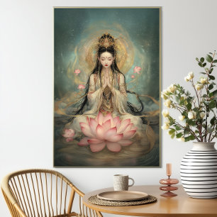 Etherele Quan Yin: Boeddhistische Godin Lotusgebed Poster